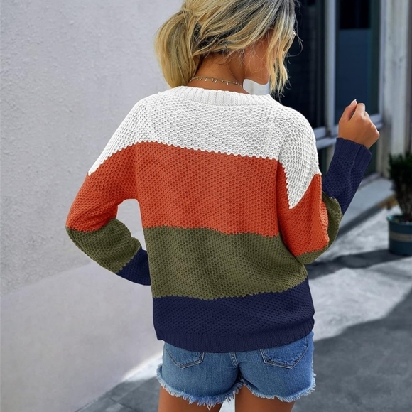 Color block sweater women's size Large orange navy olive and ivory striped - Picture 3 of 11
